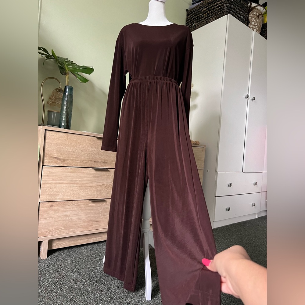 Chocolate Brown Silky Shiny Slinky Long-Sleeve Top & Straight Pants Matching Set